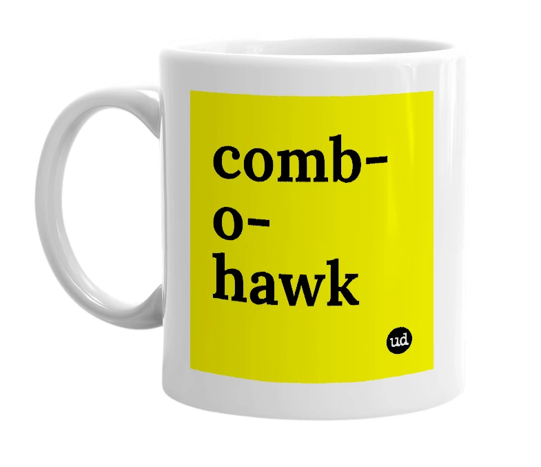 White mug with 'comb-o-hawk' in bold black letters