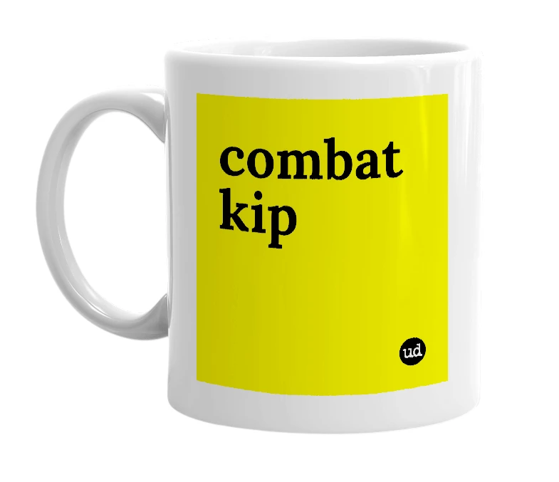 White mug with 'combat kip' in bold black letters