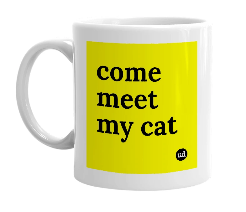White mug with 'come meet my cat' in bold black letters