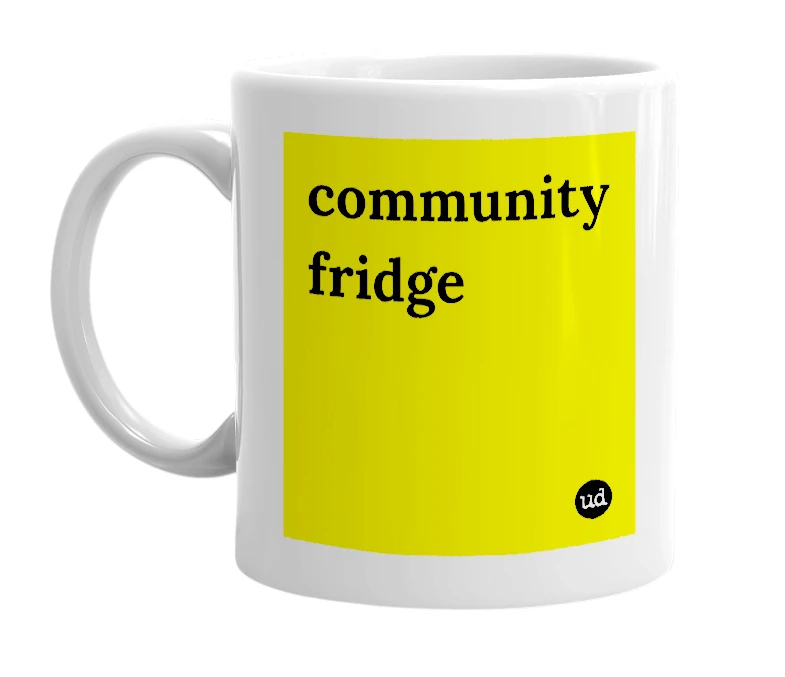 White mug with 'community fridge' in bold black letters