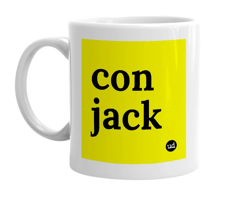 White mug with 'con jack' in bold black letters