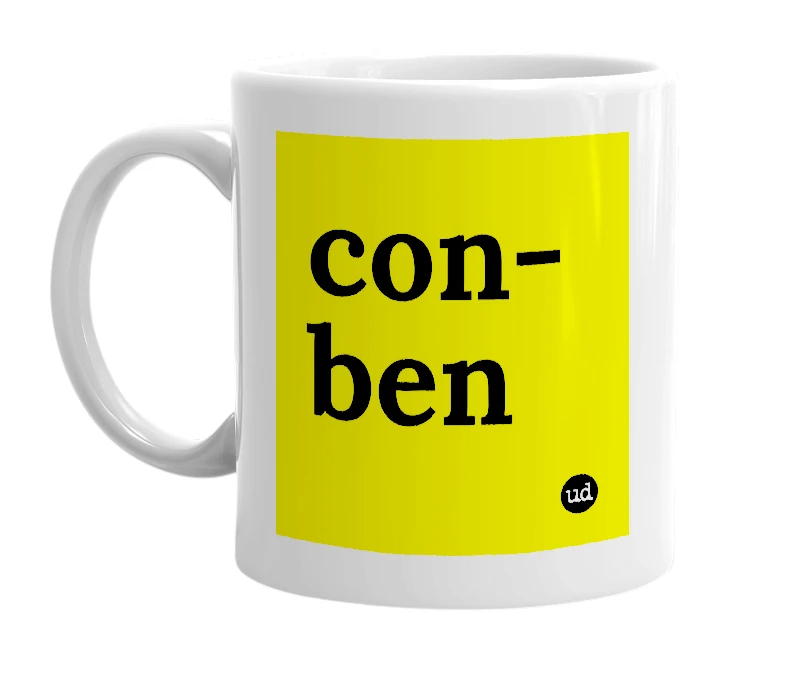 White mug with 'con-ben' in bold black letters