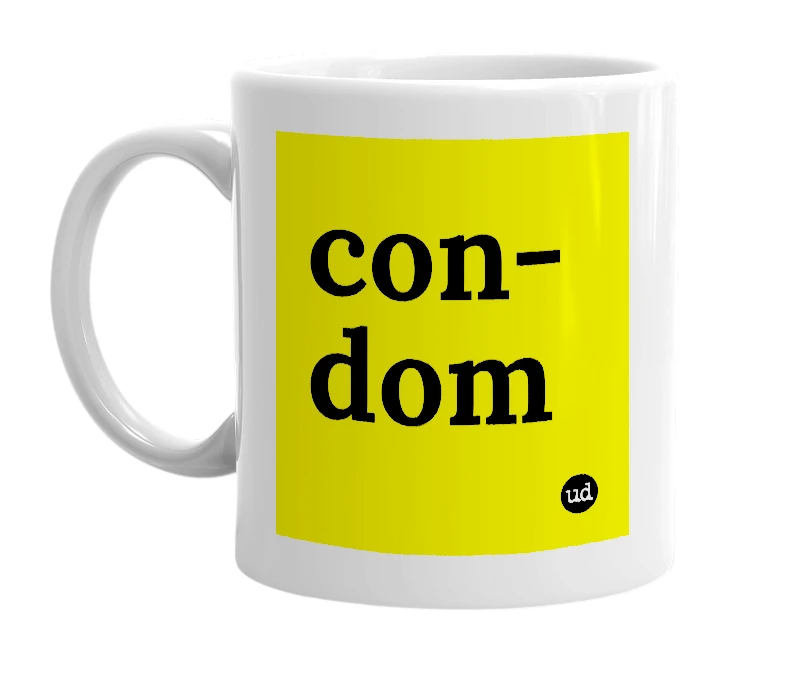 White mug with 'con-dom' in bold black letters