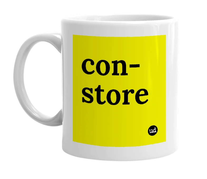 White mug with 'con-store' in bold black letters