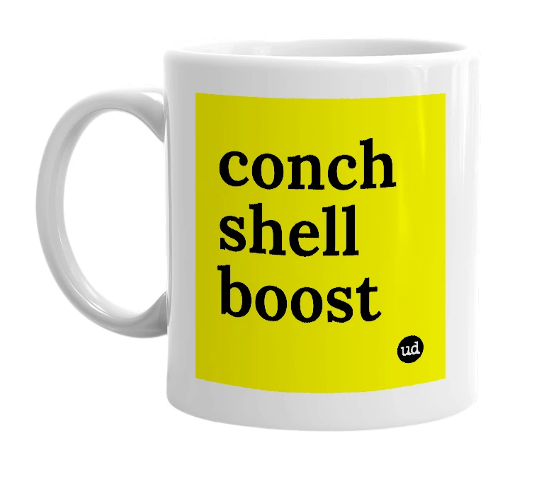 White mug with 'conch shell boost' in bold black letters