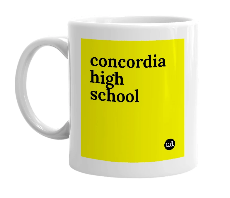 White mug with 'concordia high school' in bold black letters