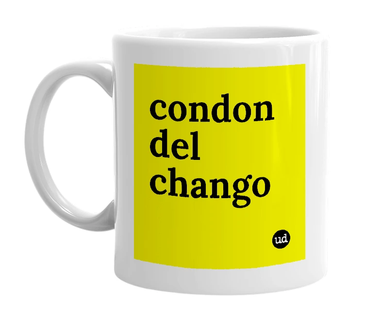 White mug with 'condon del chango' in bold black letters