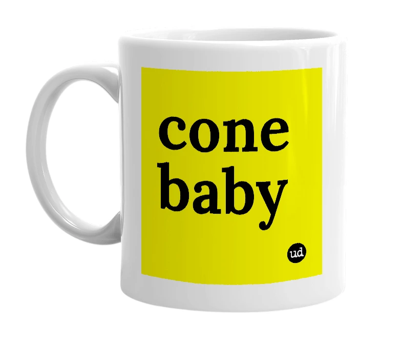 White mug with 'cone baby' in bold black letters