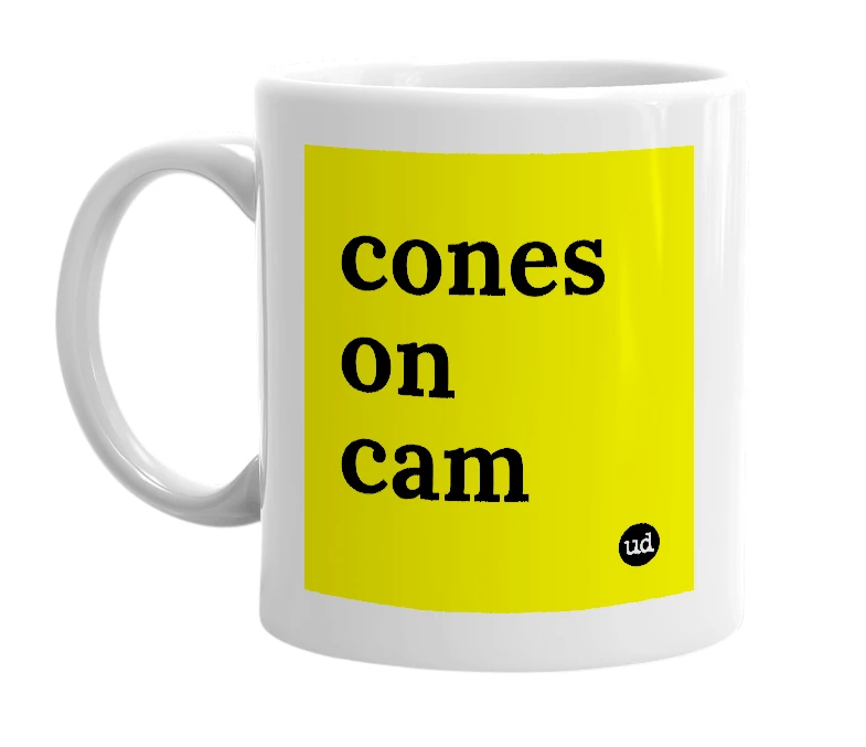 White mug with 'cones on cam' in bold black letters