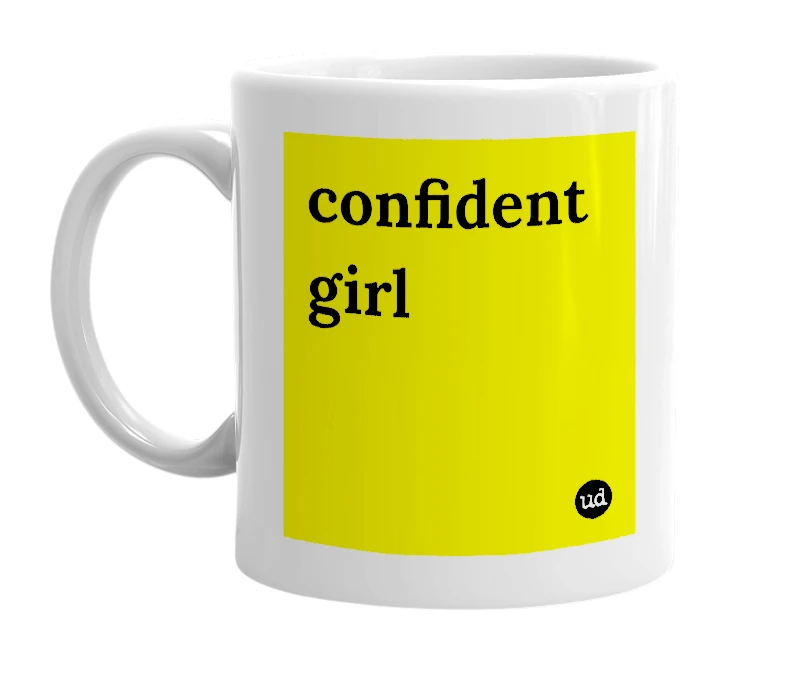 White mug with 'confident girl' in bold black letters
