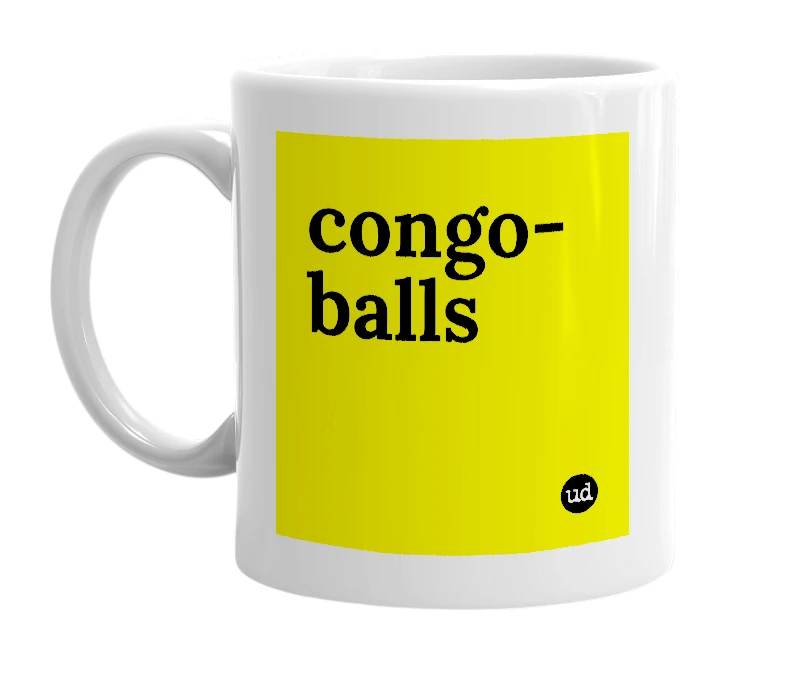 White mug with 'congo-balls' in bold black letters