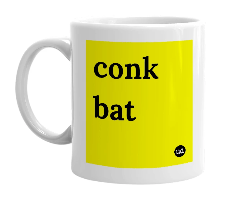 White mug with 'conk bat' in bold black letters