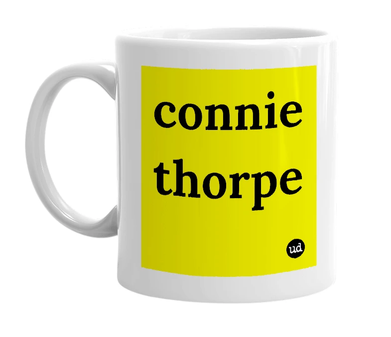 White mug with 'connie thorpe' in bold black letters