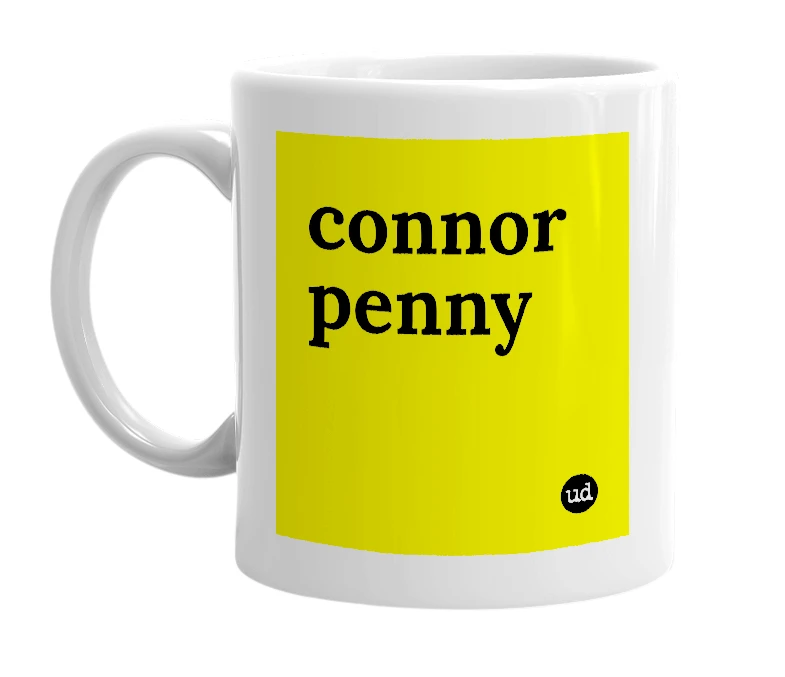 White mug with 'connor penny' in bold black letters