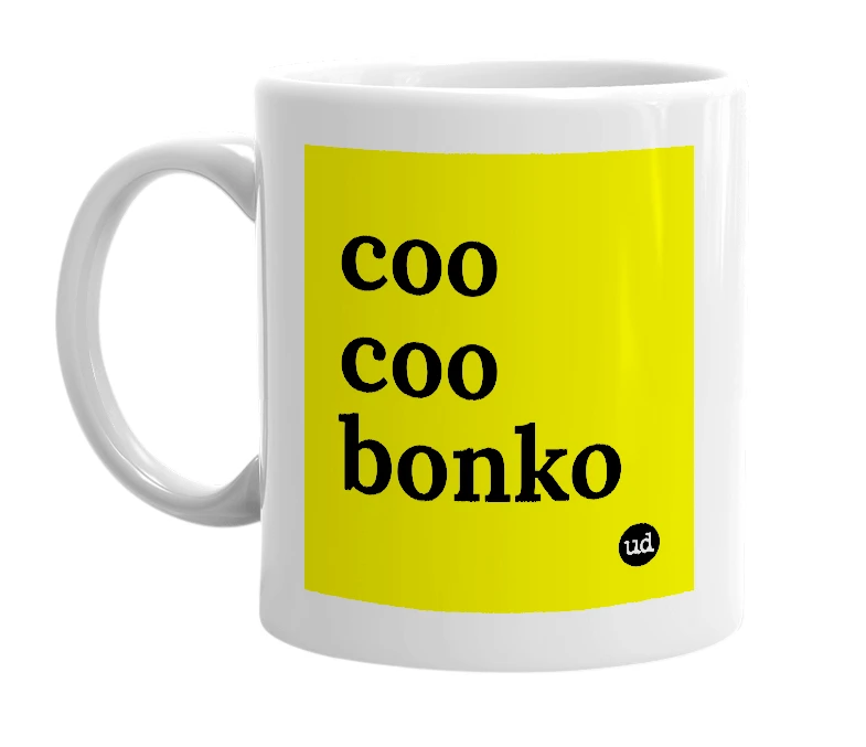 White mug with 'coo coo bonko' in bold black letters
