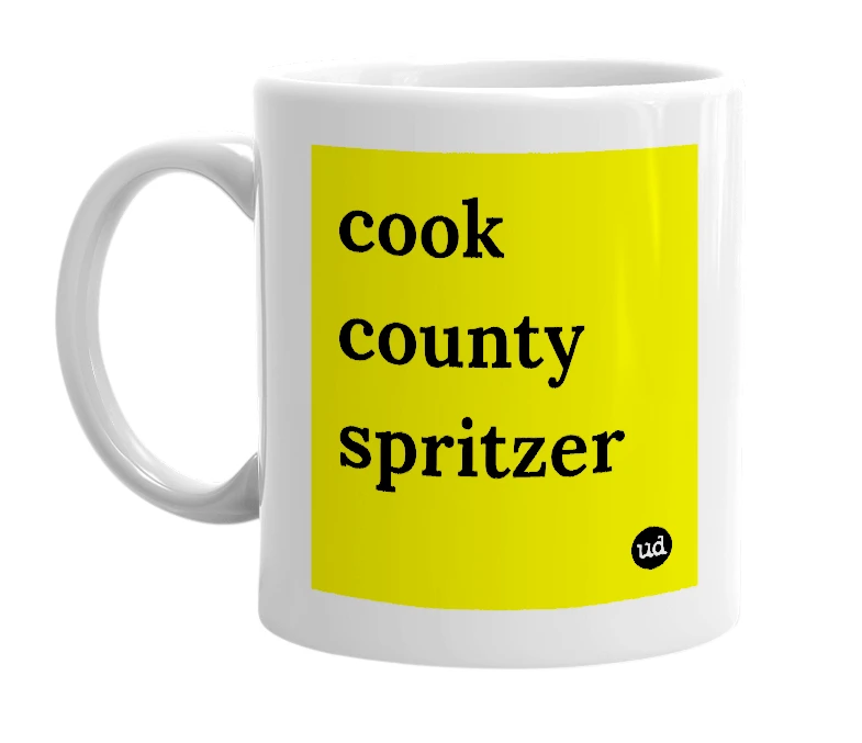 White mug with 'cook county spritzer' in bold black letters