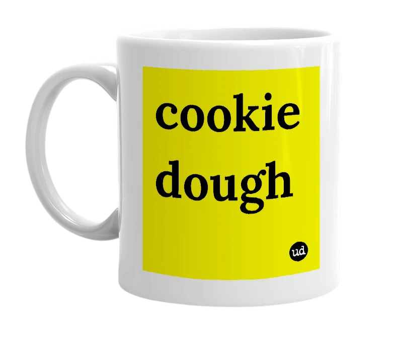 White mug with 'cookie dough' in bold black letters