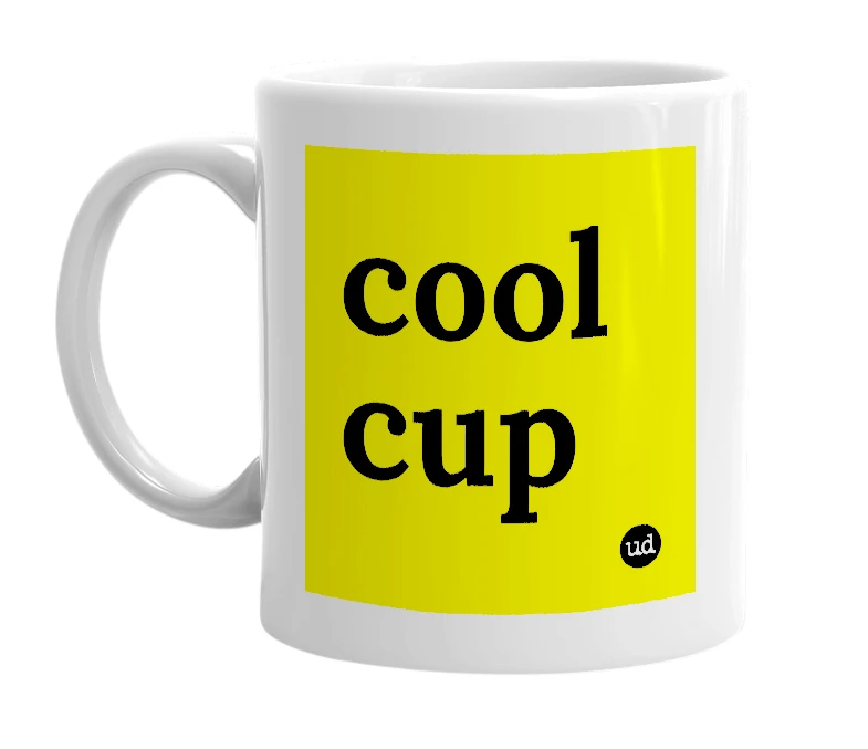 White mug with 'cool cup' in bold black letters