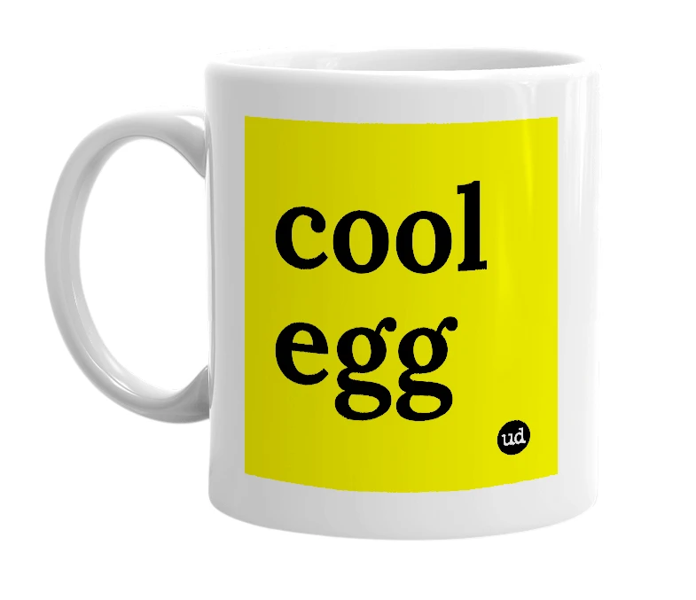 White mug with 'cool egg' in bold black letters