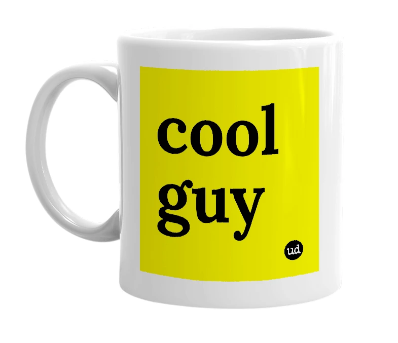 White mug with 'cool guy' in bold black letters