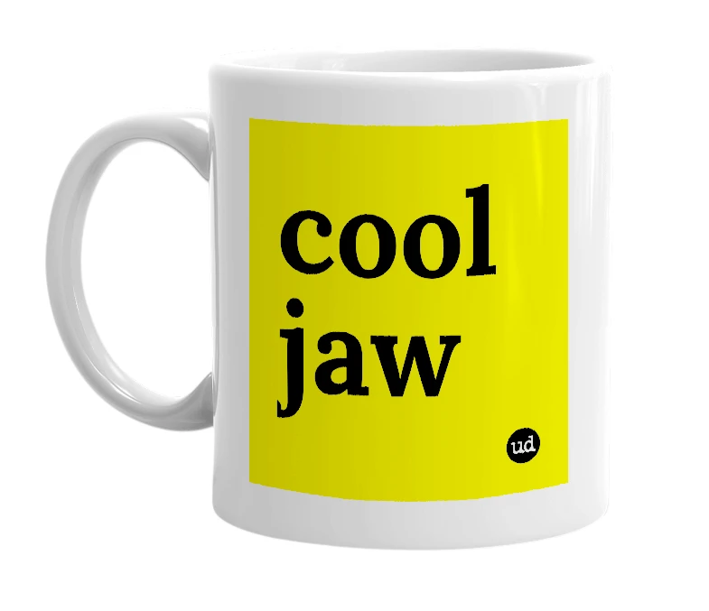 White mug with 'cool jaw' in bold black letters