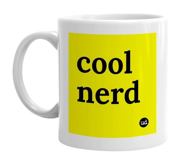 White mug with 'cool nerd' in bold black letters