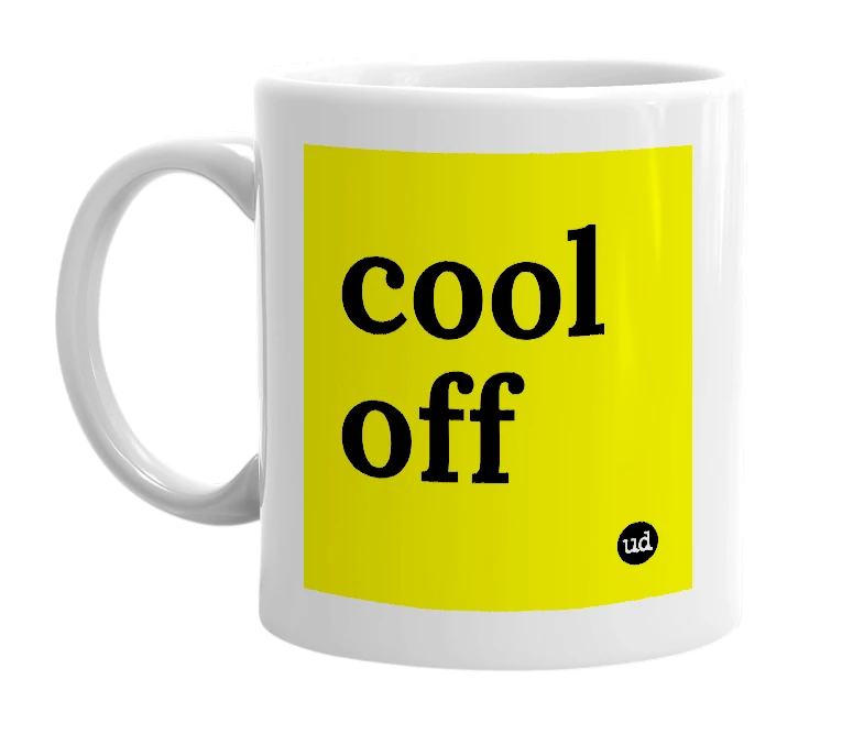 White mug with 'cool off' in bold black letters