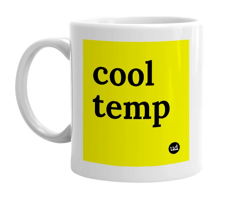 White mug with 'cool temp' in bold black letters
