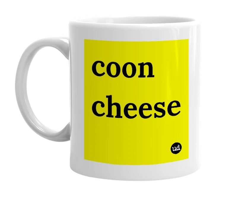 White mug with 'coon cheese' in bold black letters