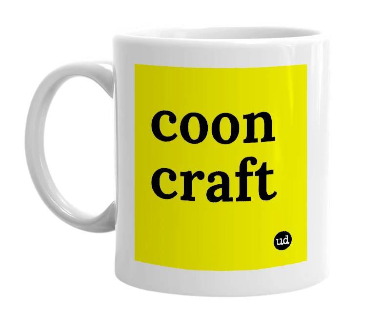 White mug with 'coon craft' in bold black letters