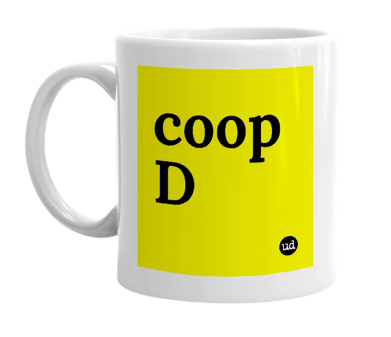 White mug with 'coop D' in bold black letters