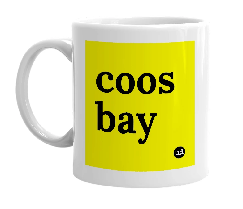 White mug with 'coos bay' in bold black letters