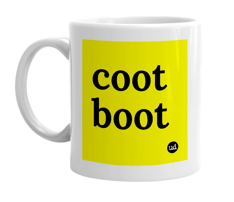 White mug with 'coot boot' in bold black letters