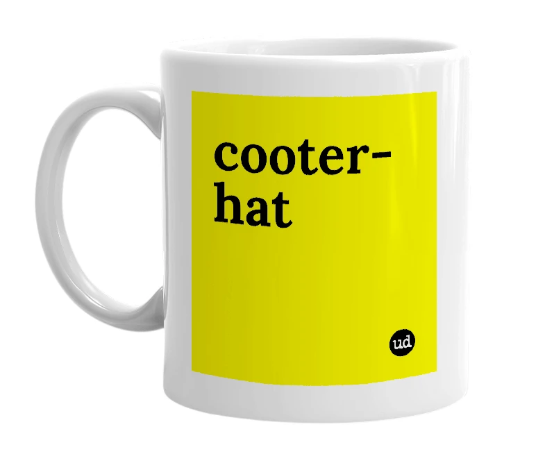 White mug with 'cooter-hat' in bold black letters