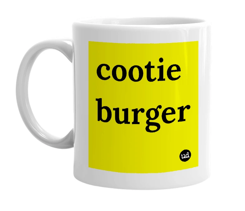 White mug with 'cootie burger' in bold black letters