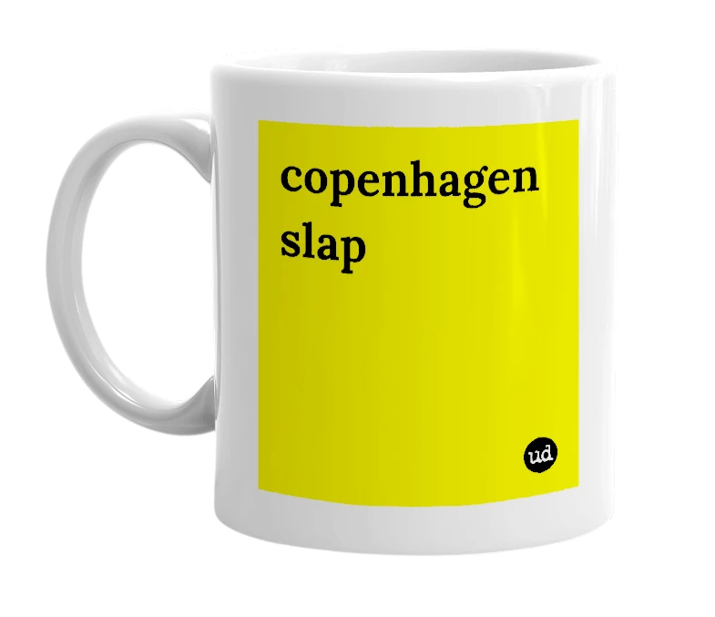 White mug with 'copenhagen slap' in bold black letters