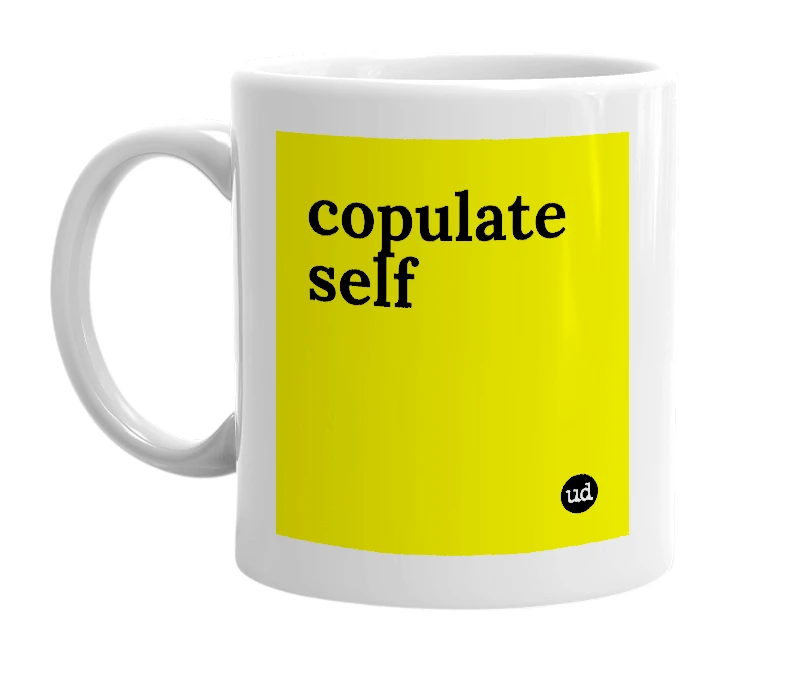 White mug with 'copulate self' in bold black letters