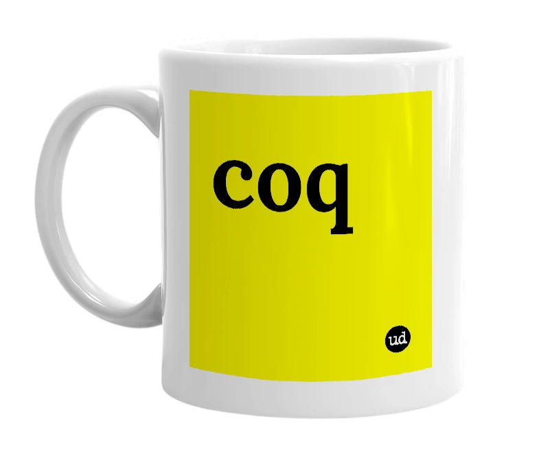 White mug with 'coq' in bold black letters