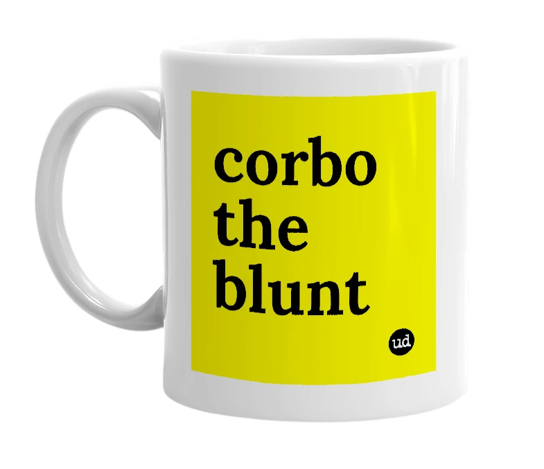 White mug with 'corbo the blunt' in bold black letters