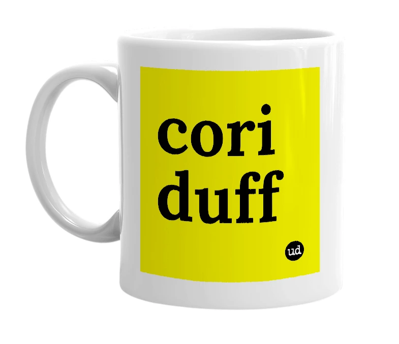 White mug with 'cori duff' in bold black letters