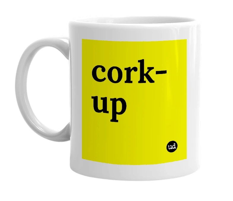 White mug with 'cork-up' in bold black letters