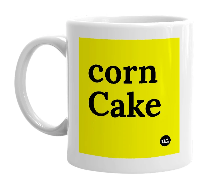 White mug with 'corn Cake' in bold black letters