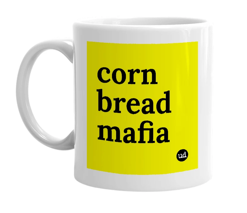 White mug with 'corn bread mafia' in bold black letters