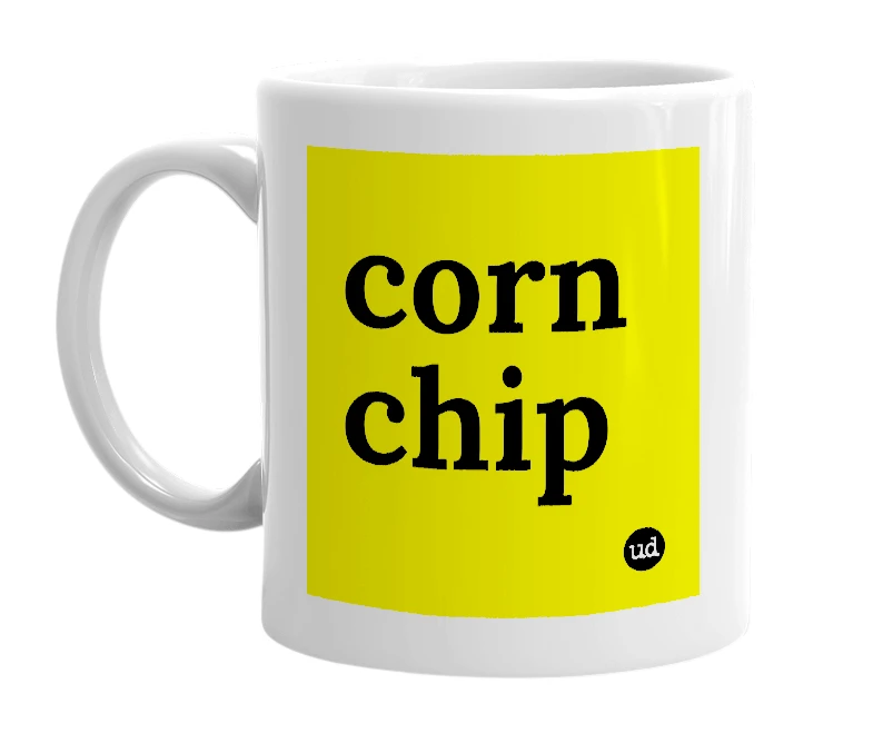 White mug with 'corn chip' in bold black letters