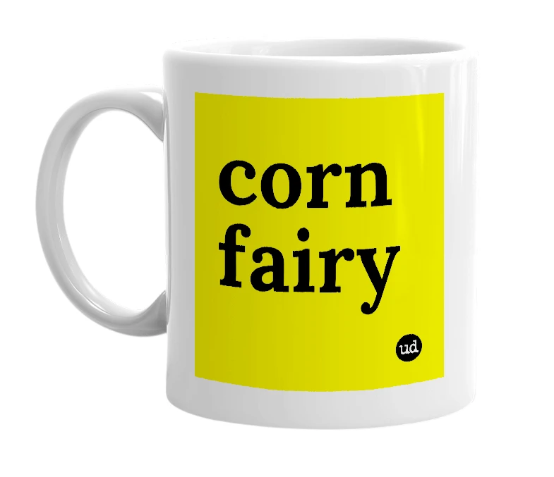 White mug with 'corn fairy' in bold black letters