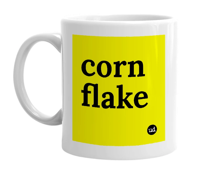 White mug with 'corn flake' in bold black letters