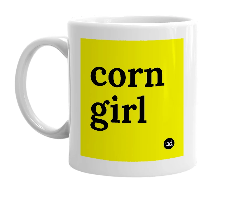 White mug with 'corn girl' in bold black letters