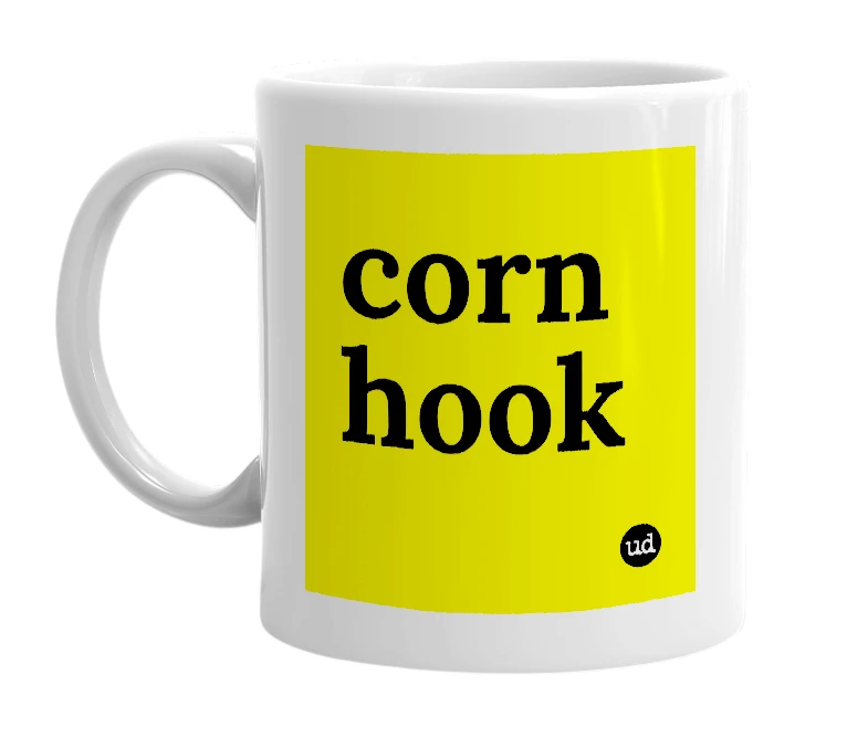 White mug with 'corn hook' in bold black letters