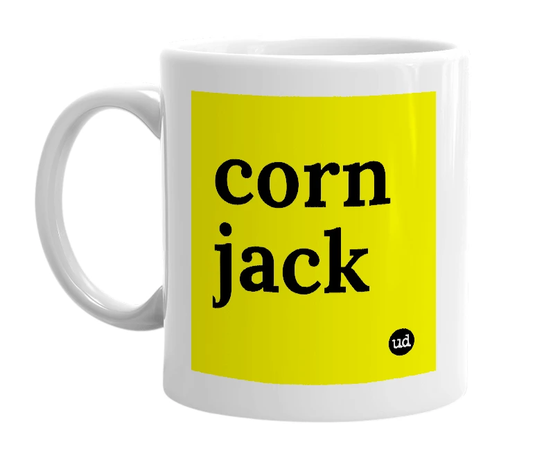 White mug with 'corn jack' in bold black letters