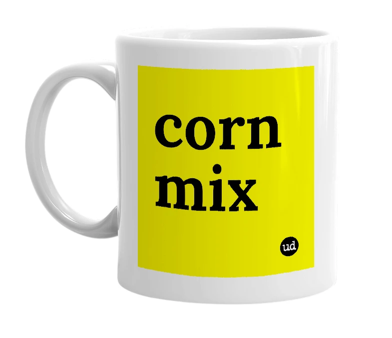 White mug with 'corn mix' in bold black letters